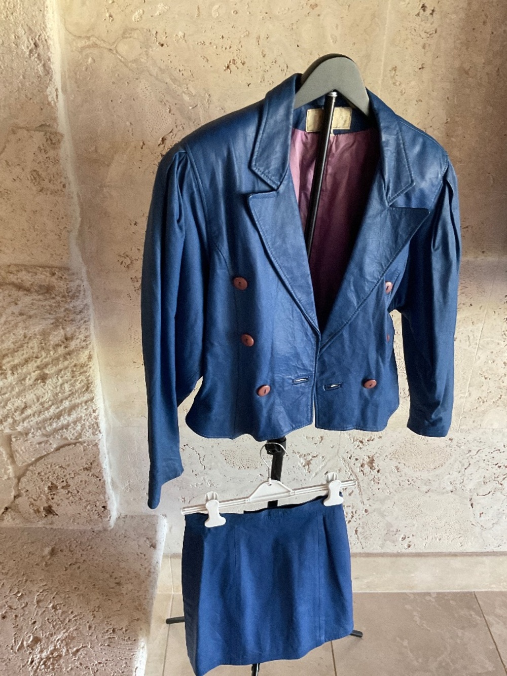Vintage Leather Biker Jacket with skirt Royal Blue small